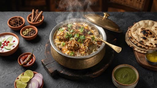 Biryani in a brass pot with spices and rotis