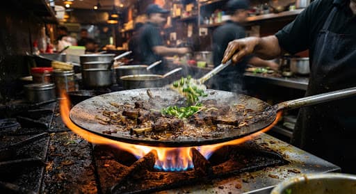 Meat sizzling on a wide tawa