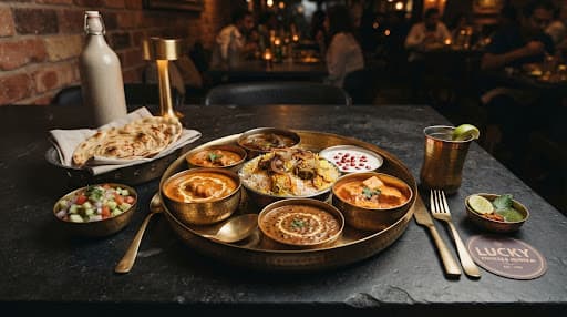 Biryani, curries and rotis served in brass